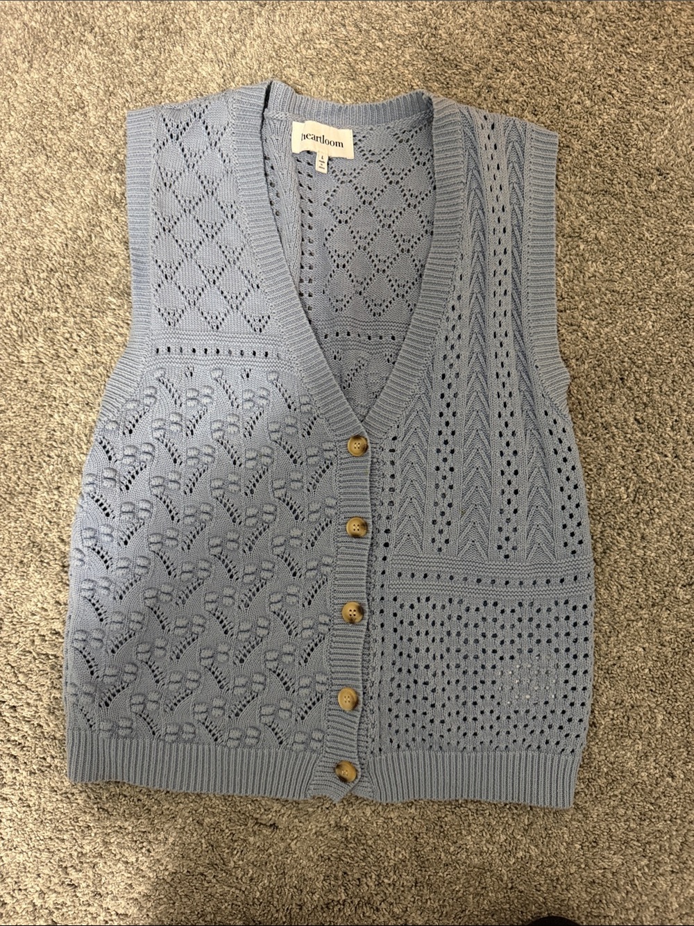 Heartloom Light Blue Pointelle Knit V-Neck Button Sweater Vest